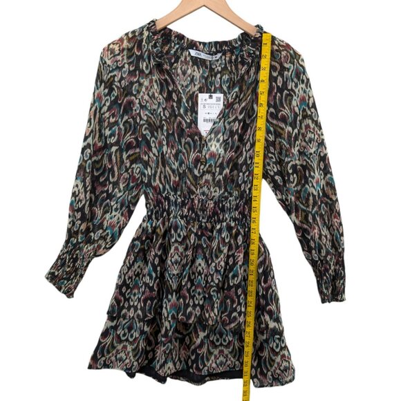 Zara Tiered Mini Dress Multicolor Long Sleeve Smocked Pleated Ruffle Size S - Picture 7 of 12